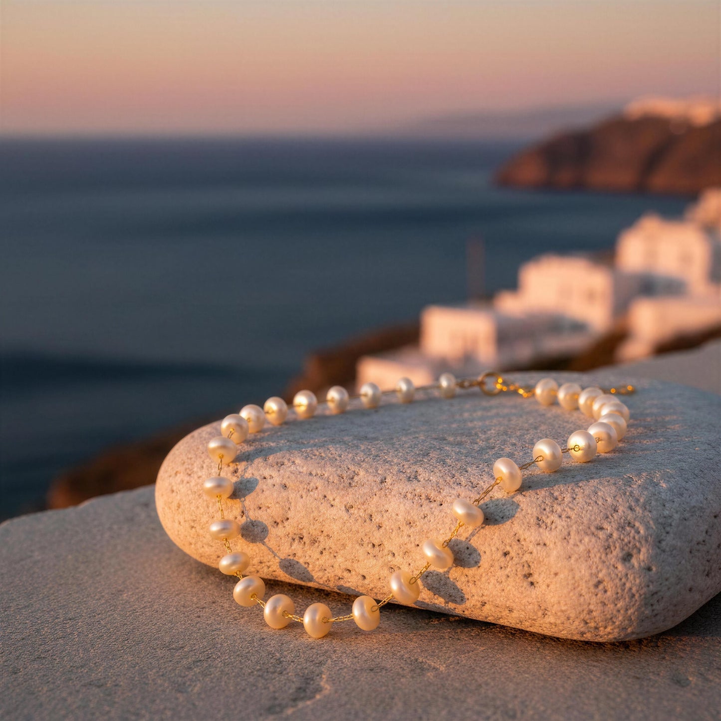 The Lunaria Pearl Necklace from Chica Chica Jewelry, draped over a large light-colored stone in a coastal setting with a blurred sea and white buildings in the background.