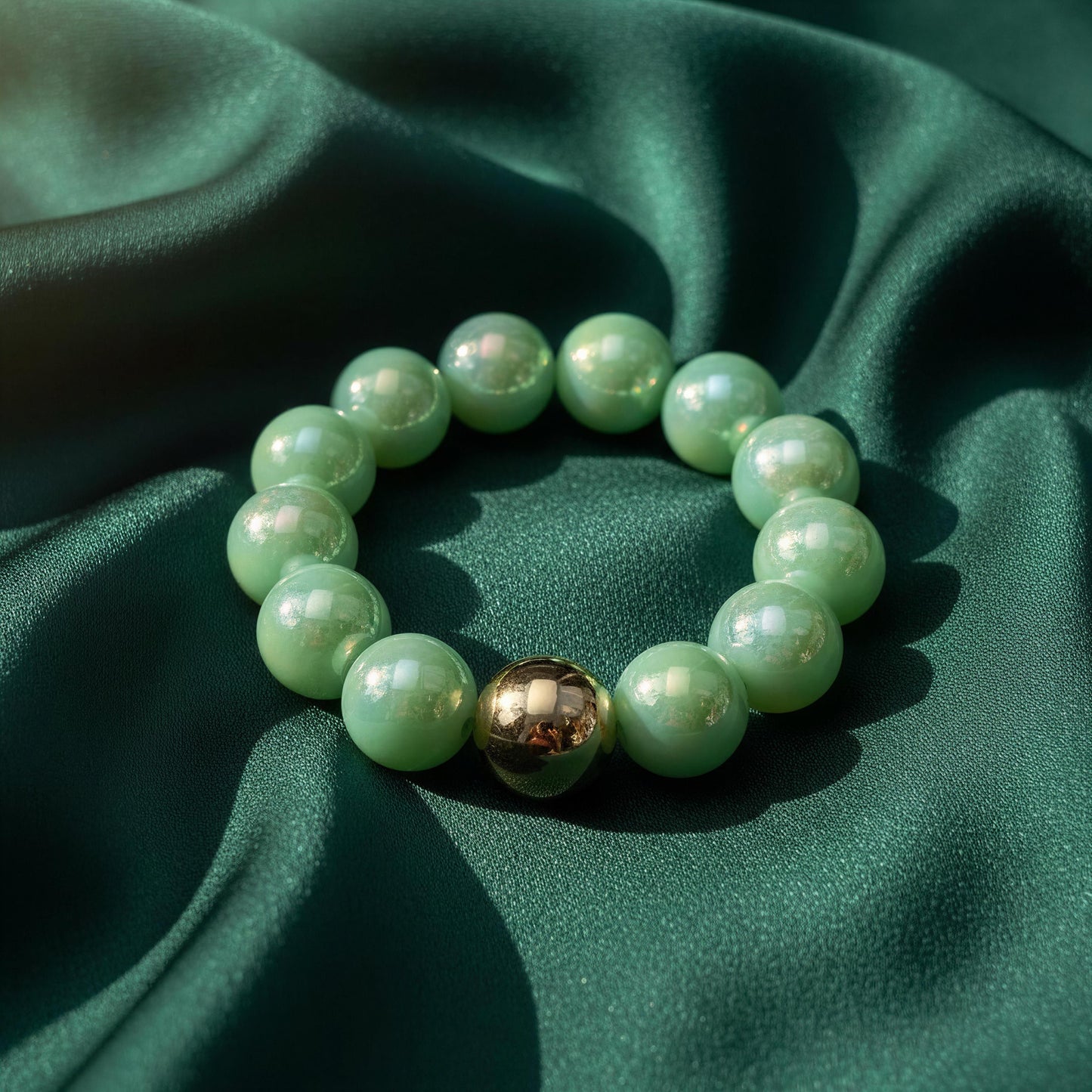 The Mint Glow Bracelet on green fabric