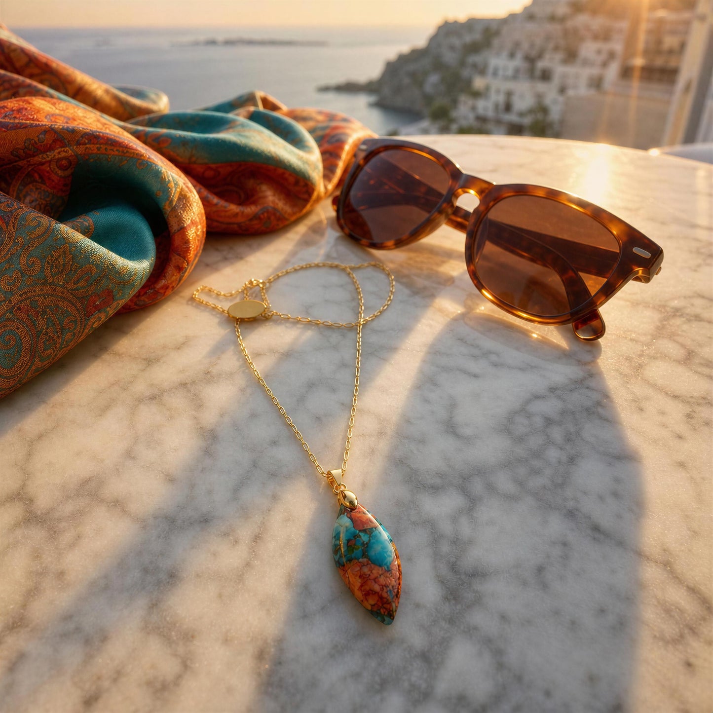 A gold necklace with a turquoise and rust-colored stone pendant is displayed on a white marble surface next to tortoiseshell sunglasses and a patterned scarf, with a scenic coastal background at sunset.