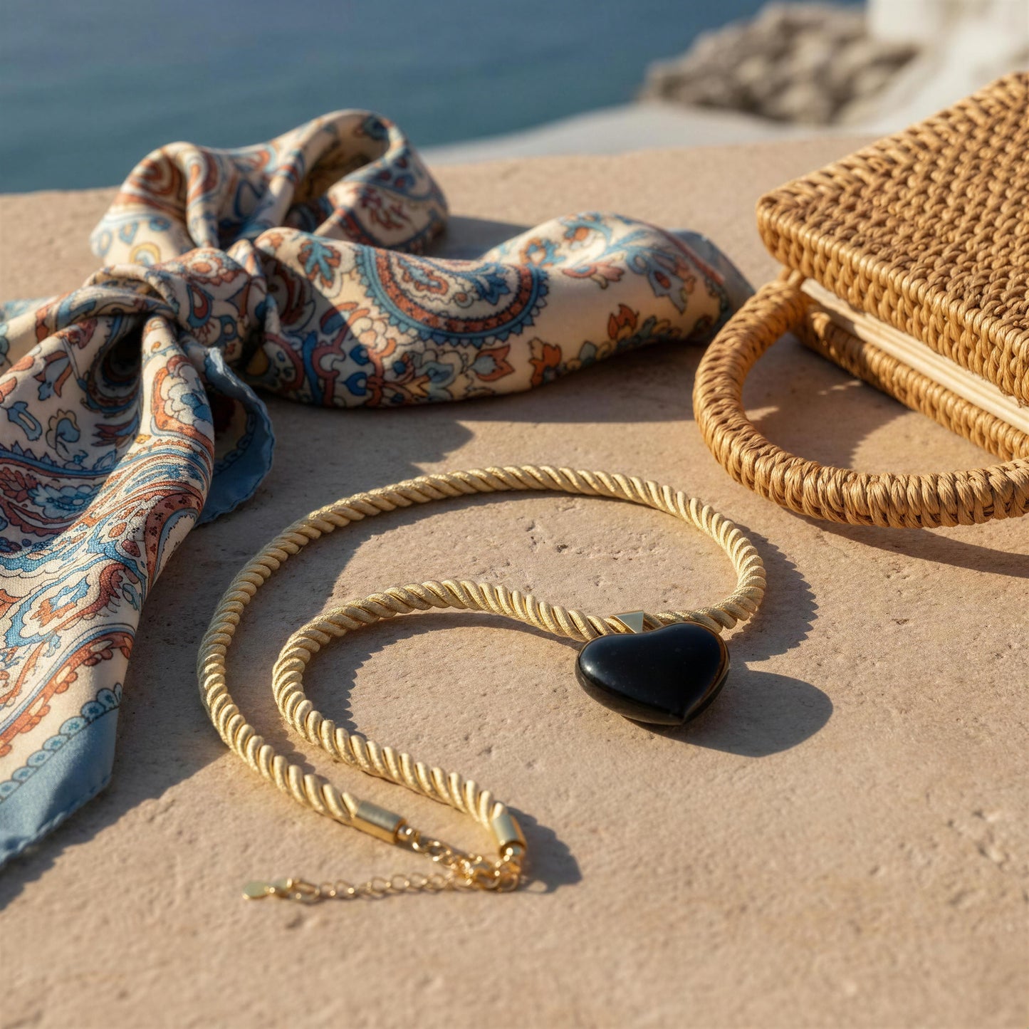 Close-up of the Siyah Murano-style black heart necklace resting on a natural stone by the Mediterranean coast, showcasing the twisted gold-tone cord, glossy black heart pendant, and adjustable extender  next to a silk scarf and rattan bag.