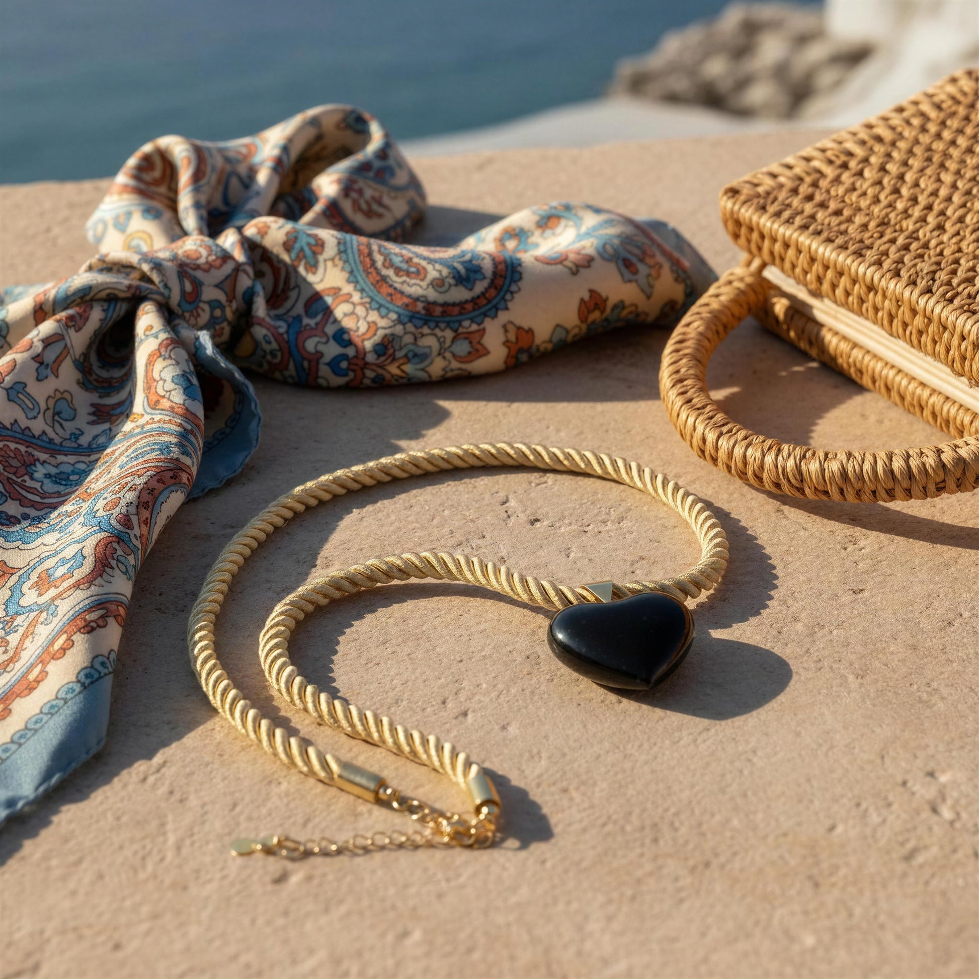 Close-up of the Siyah Murano-style black heart necklace resting on a natural stone by the Mediterranean coast, showcasing the twisted gold-tone cord, glossy black heart pendant, and adjustable extender  next to a silk scarf and rattan bag.