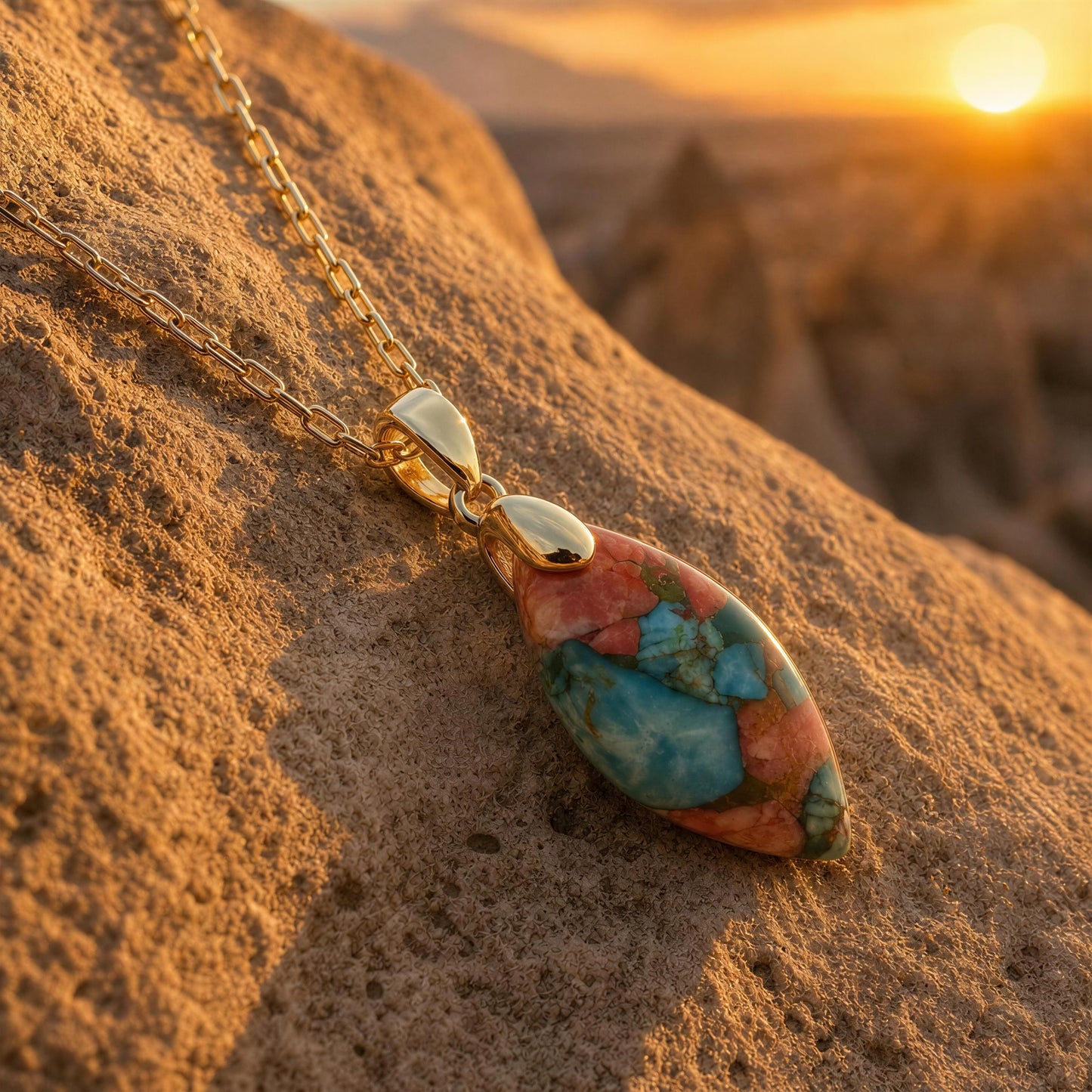 The Pietra Alba Natural Stone Necklace, a gold pendant necklace with a colorful turquoise and coral stone lies on a sandy rock with a sunset and desert mountains in the background.