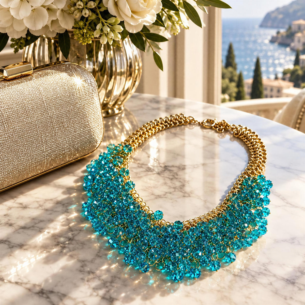 The Azzurra Necklace from  Chica Chica Jewelry against a marble table with Mediterranean view in background.