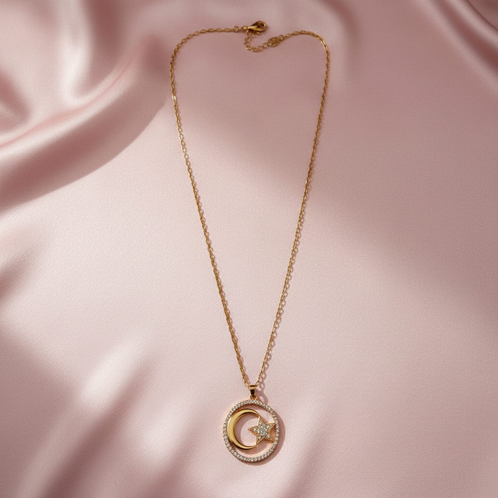 Gold necklace with a moon and star pendant on a pink satin background