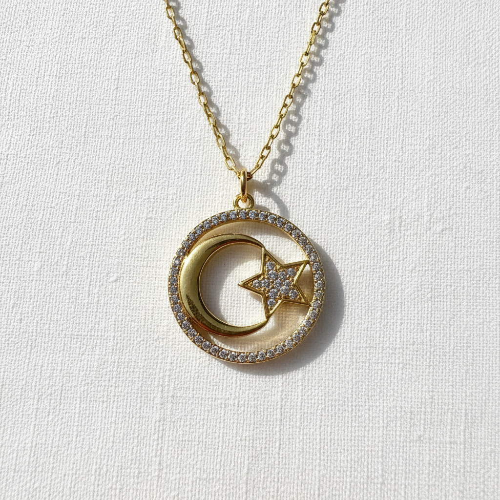 Gold necklace with a moon and star pendant on a white background