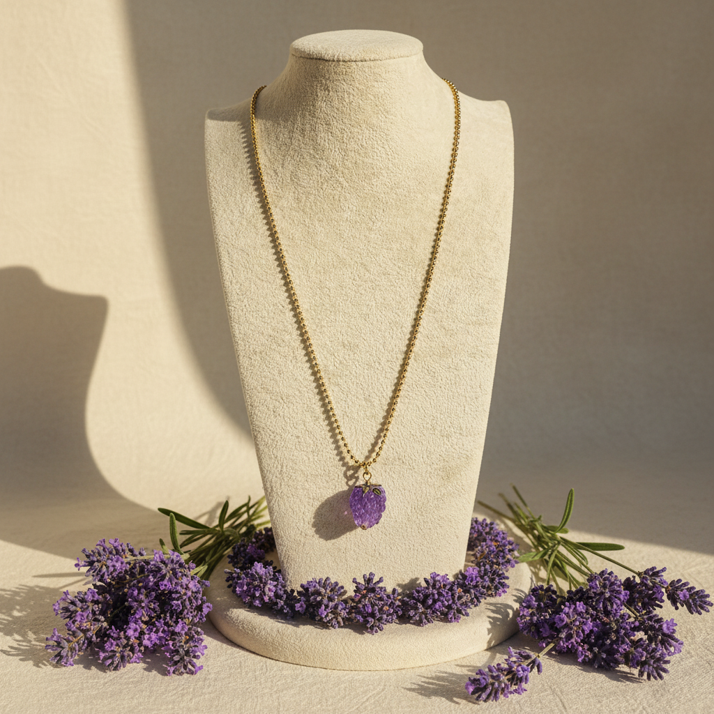 The Chica_Chica_Jewelry-_Vigna_Grape_Pendant_Necklace on a  bust, surrounded by lavender flowers.