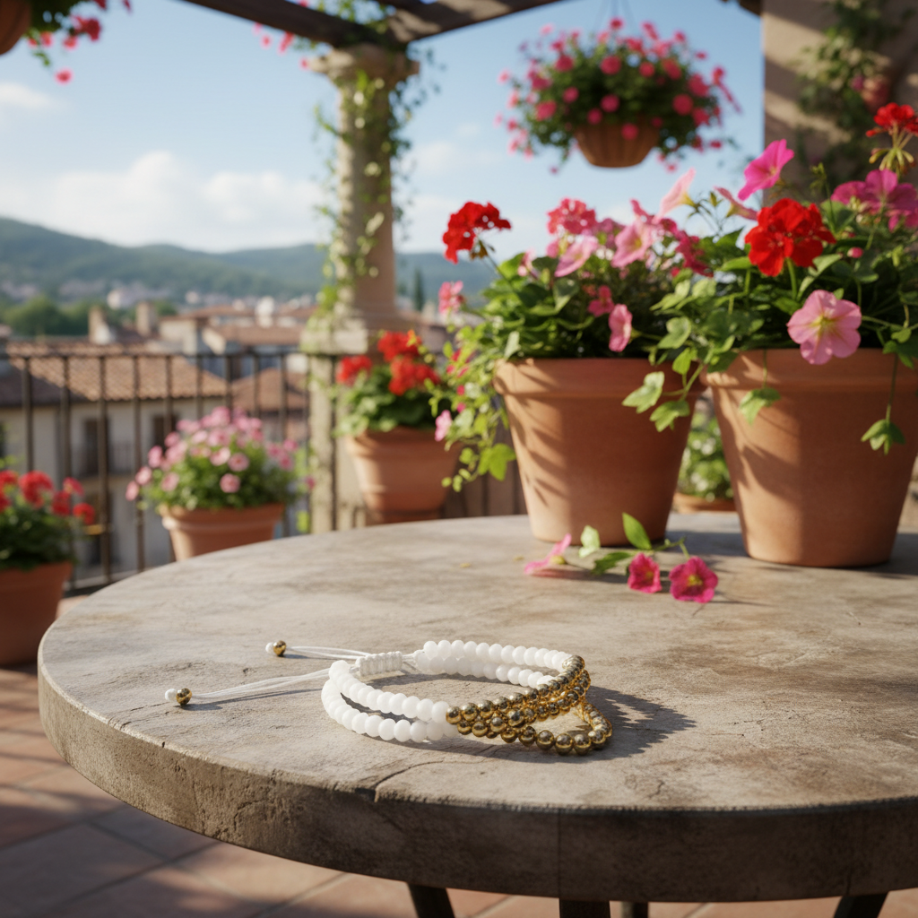 Wooden table with the White & Gold Stack Bracelet and potted flowers on a balcony with a scenic view.
