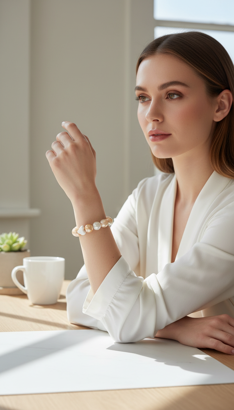 Woman sitting at a table with a cup of coffee, wearing the Chica Chica Powder Pink Amore Bracelet.