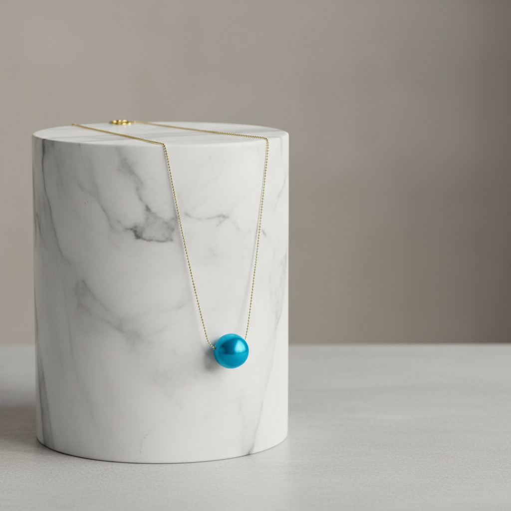 The Cielo Petite Sphere Necklace with a blue pendant on a marble stand against a neutral background