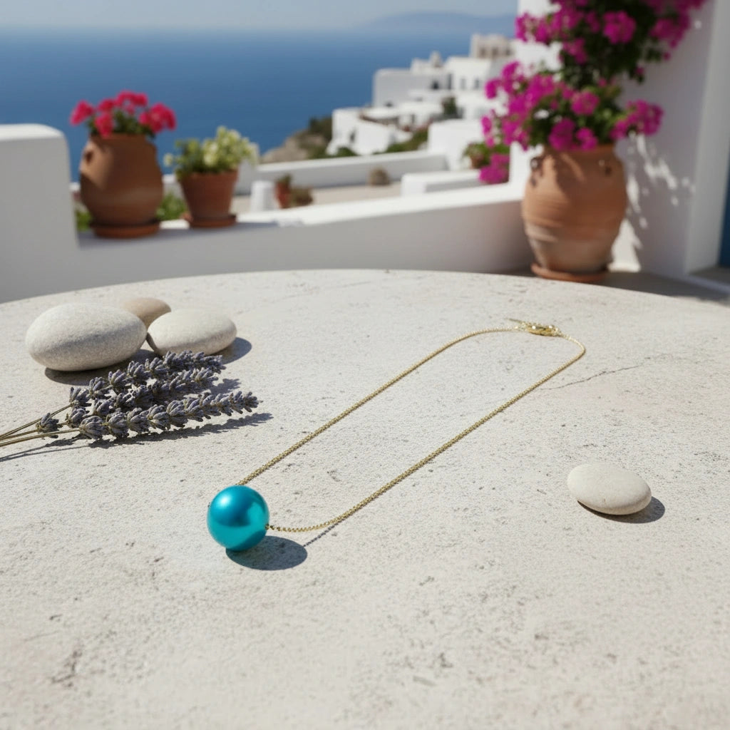 Turquoise pendant necklace on a stone surface with a scenic background