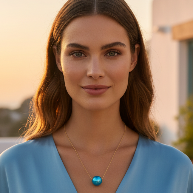 Woman wearing a blue top and the Cielo Petite Sphere Necklace with a blurred outdoor background