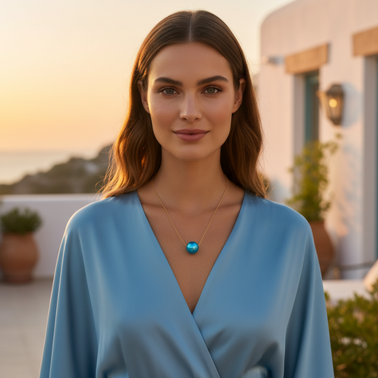 Woman wearing a blue top and the Cielo Petite Sphere Necklace with a blurred outdoor background