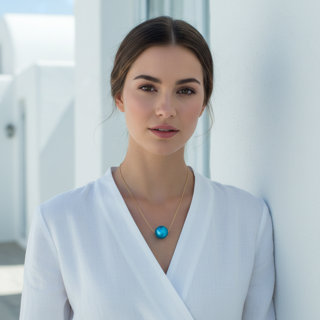 Woman wearing a white top and the Cielo Petite Sphere Necklace with a blue pendant against a light background