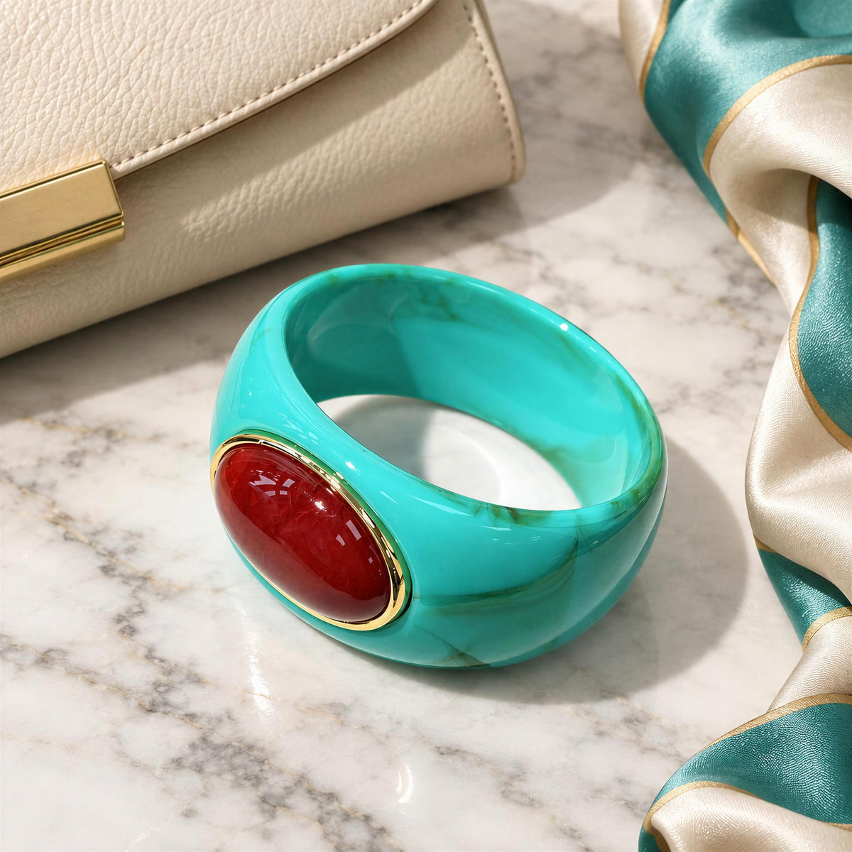 The Vittoria Bangle from  Chica Chica Jewelry, a turquoise bangle with a large oval burgundy wine color  cabochon and gold bezel, styled on a white marble surface next to a cream handbag and a teal-and-gold silk scarf.