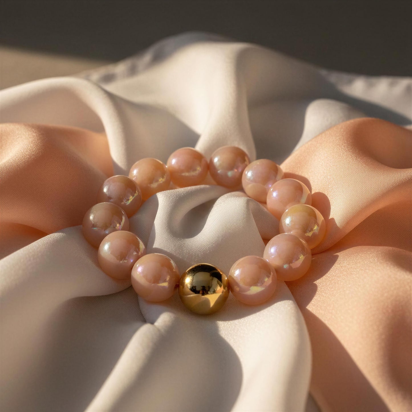 The Peach Glow Bracelet on a beige fabric background