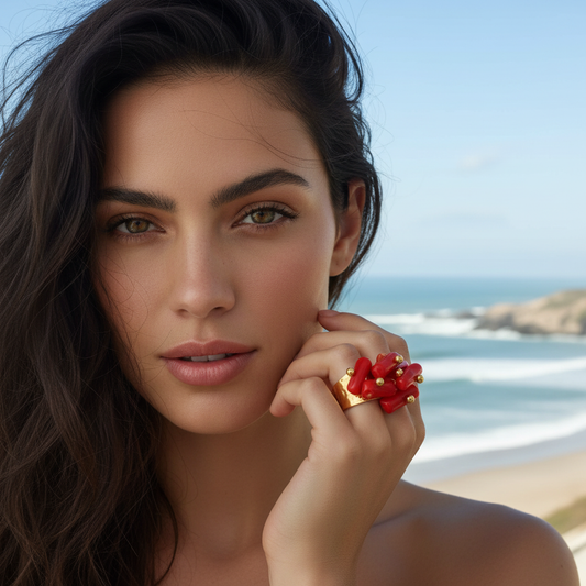 Woman with Coral Ember Ring from Chica Chica Jewelry on her finger against a beach background