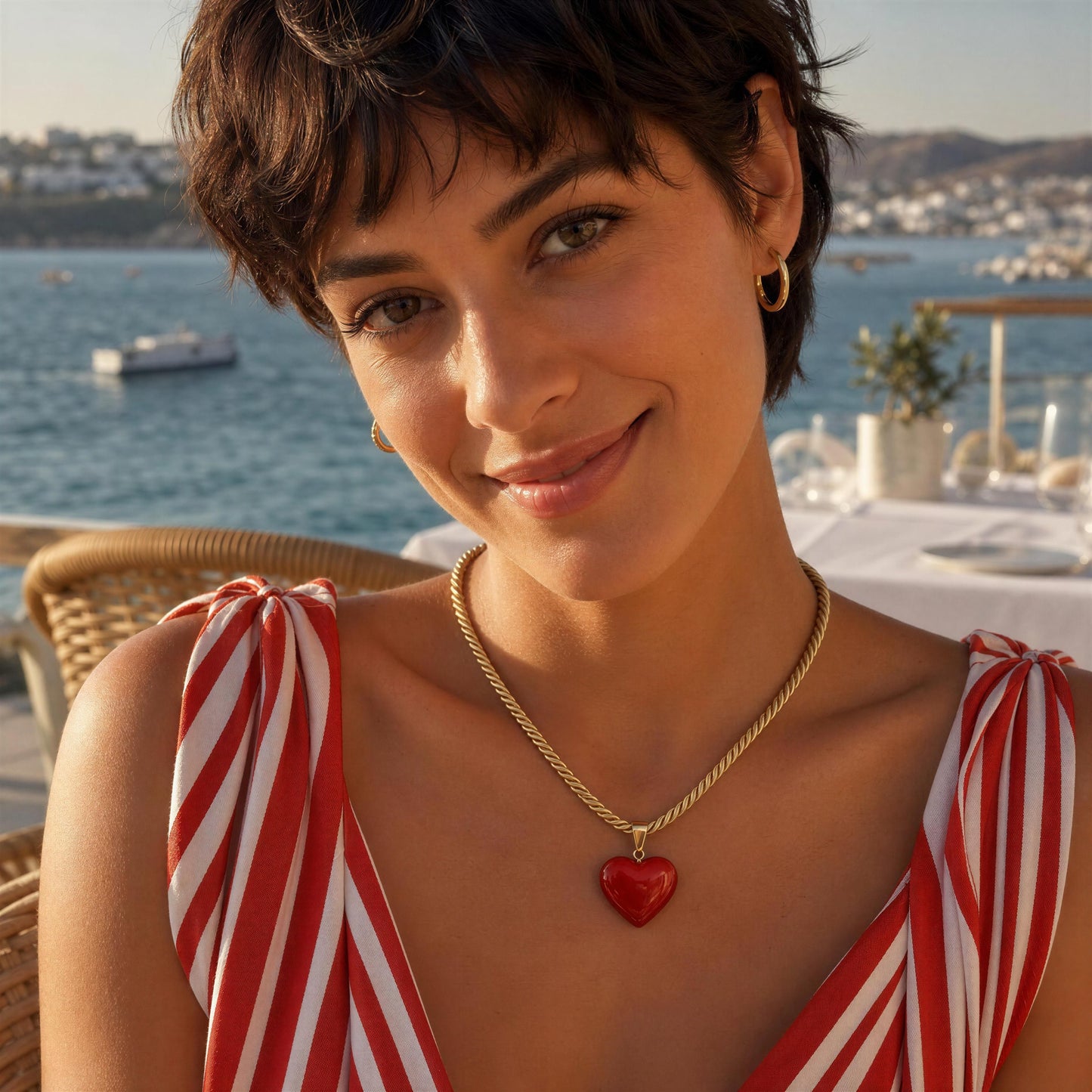 Model wearing the Corallo Necklace by Chica Chica Jewelry at a seaside restaurant overlooking the Bodrum coastline, Turkey.