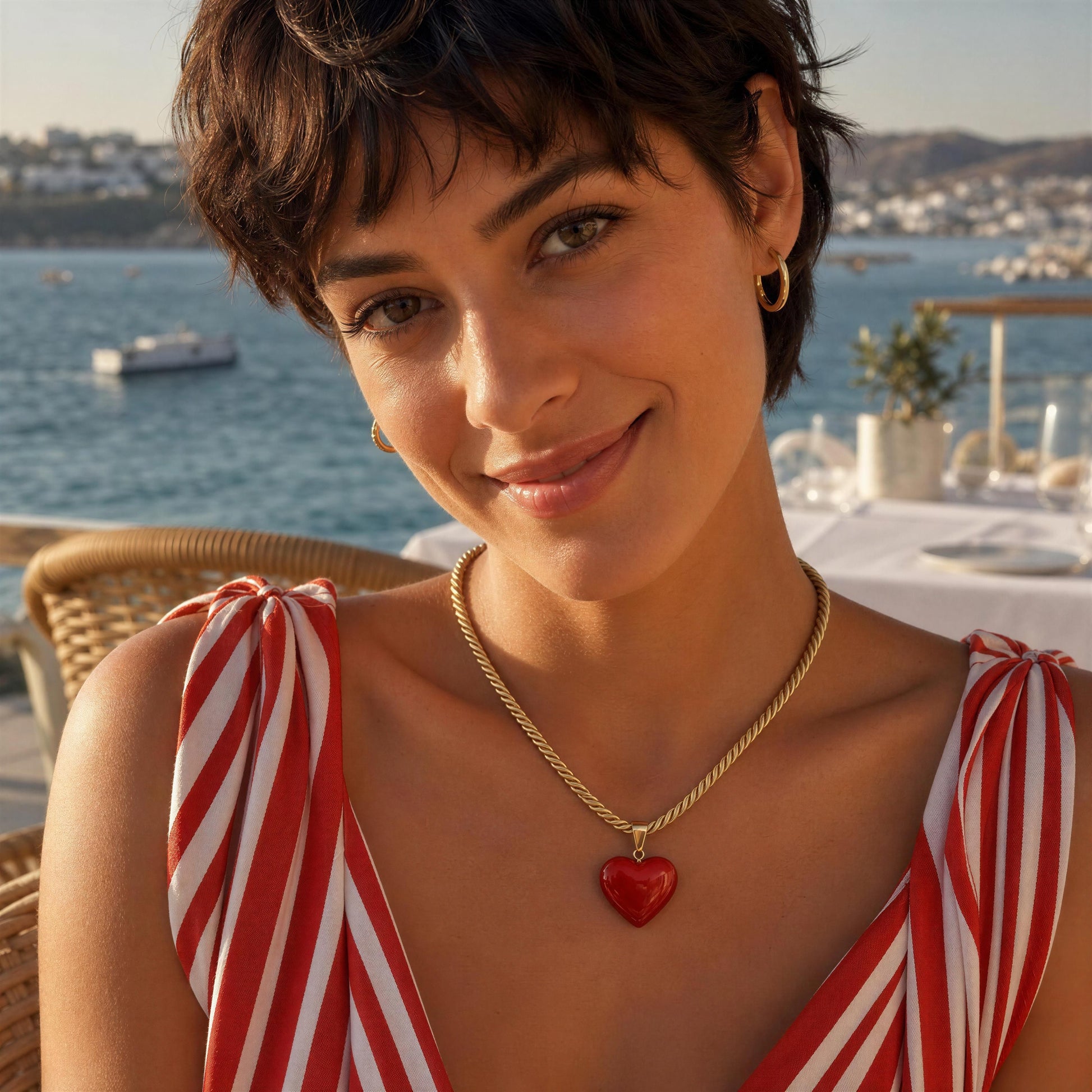 Model wearing the Corallo Necklace by Chica Chica Jewelry at a seaside restaurant overlooking the Bodrum coastline, Turkey.