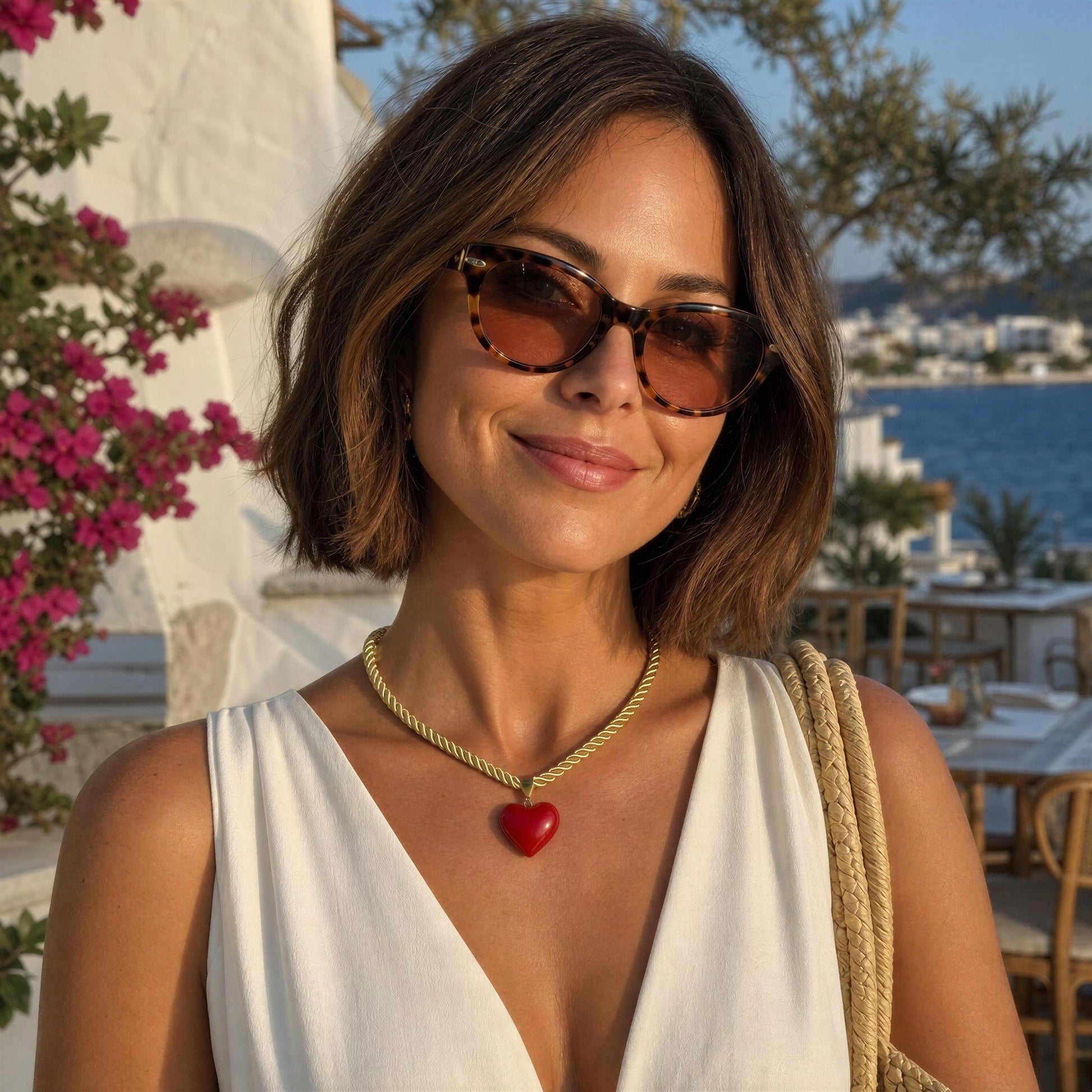 Model wearing the Corallo Necklace by Chica Chica Jewelry at a seaside restaurant overlooking the Bodrum coastline, Turkey.