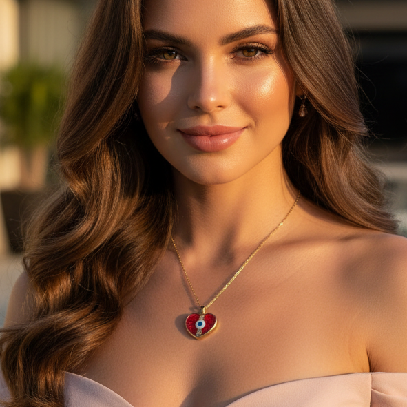 Model wearing the Crimson Aegis Heart Necklace at beautiful terrace 
