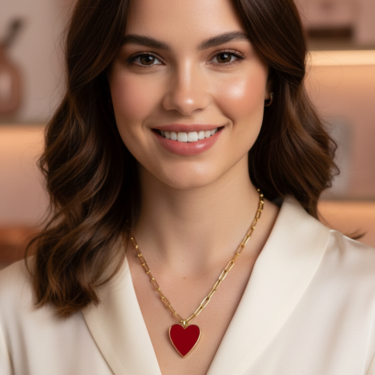 Woman wearing a gold necklace from Chica Chica Jewelry with a red heart pendant