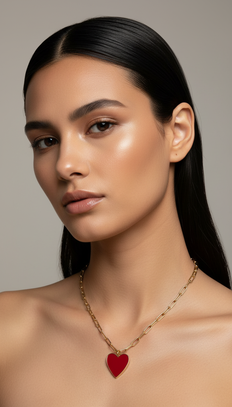 Woman wearing a Chica Chica Jewelry gold necklace with a red heart pendant against a neutral background