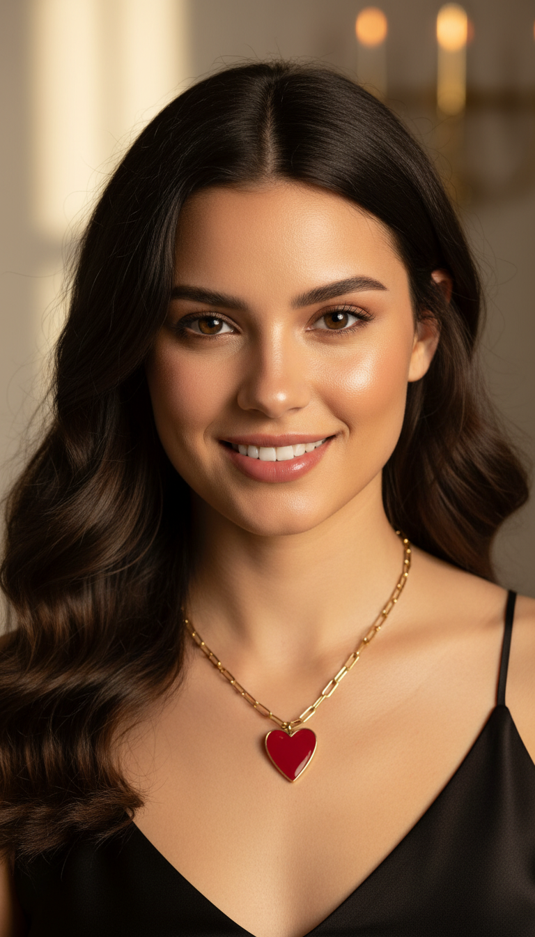 Woman wearing a Chica Chica Jewelry gold necklace with a red heart pendant