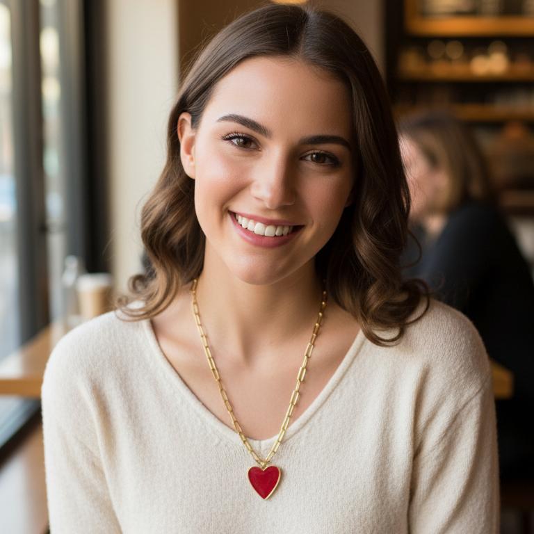 Woman wearing a Chica Chica Jewelry gold necklace with a red heart pendant in a casual setting.