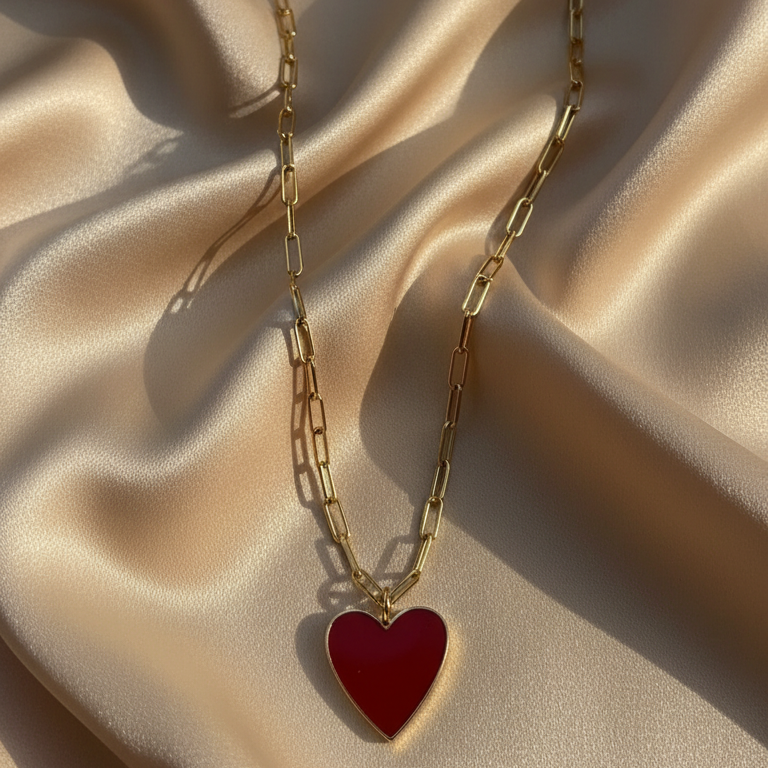 Chica Chica Jewelry Gold chain necklace with a red heart pendant on a beige fabric background