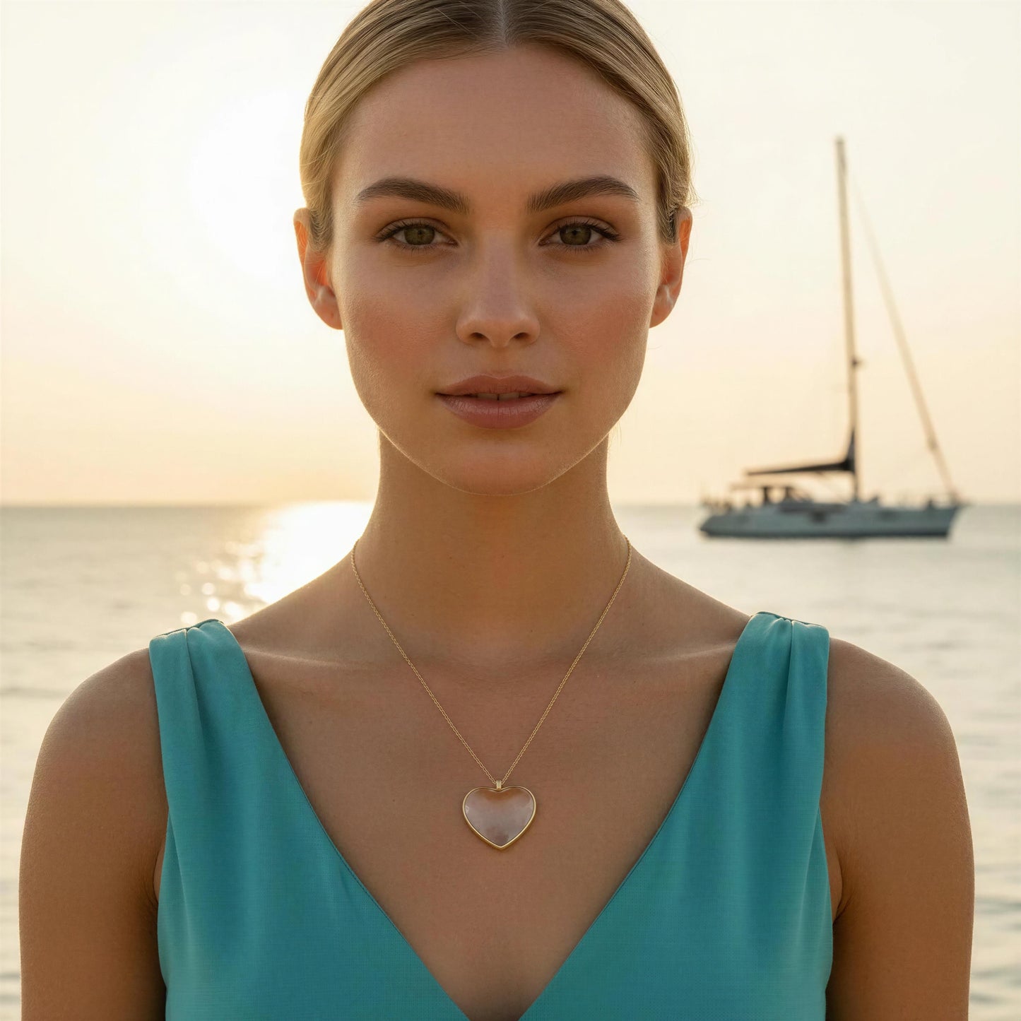 Woman wearing a teal dress with the Cristallo Heart Necklace by the sea with a sailboat in the background.