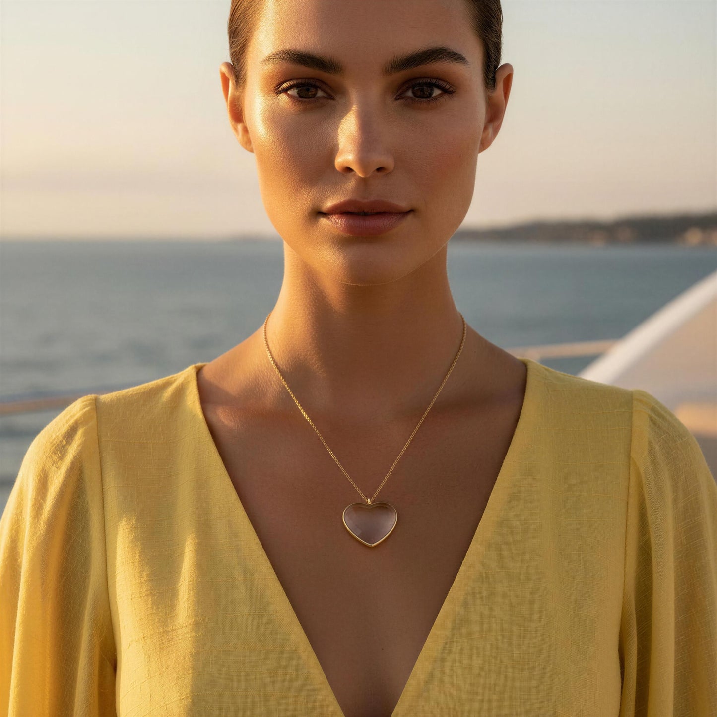 Woman wearing a yellow top and the heart-shaped  Cristallo Heart necklace by the sea