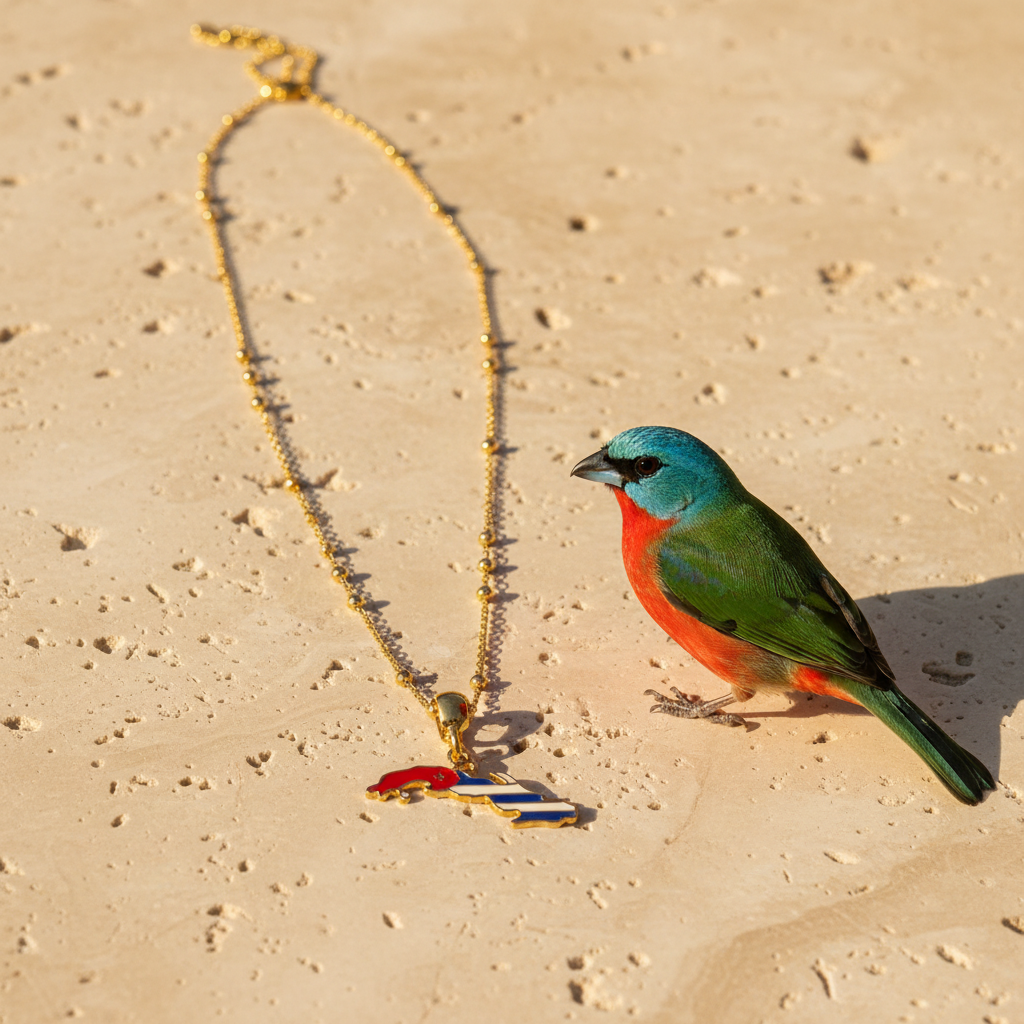 Colorful bird tocororo next to the Cuba Libre necklace. 