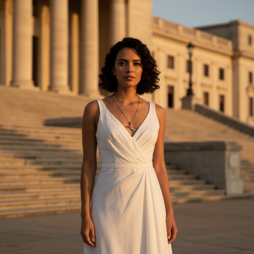 Woman in a white dress standing in front of Universidad de La Habana wearing the Cuba Libre Necklace.