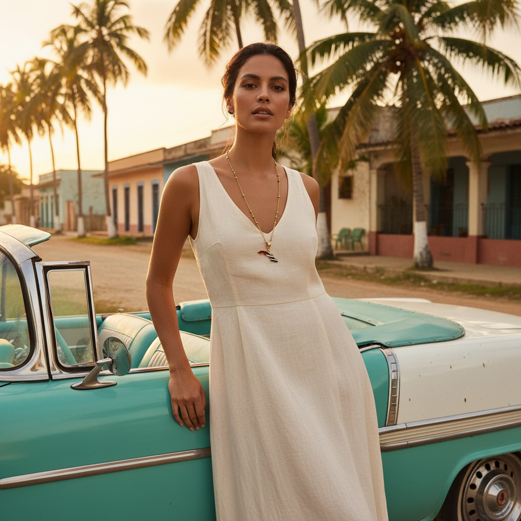 Woman in a white dress standing next to a vintage turquoise car with palm trees and buildings in the background wearing the Cuba Libre Necklace from Chica Chica Jewelry.