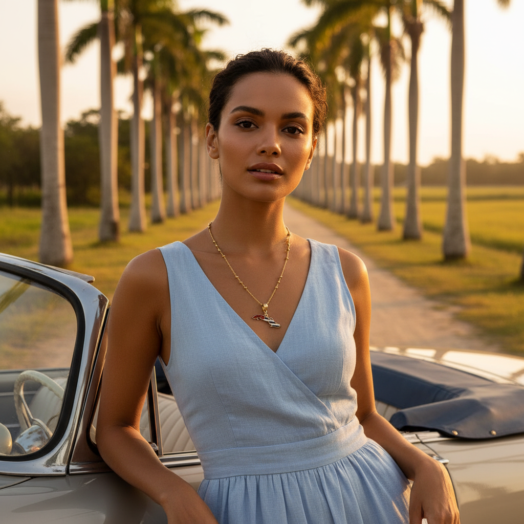 Woman in a light blue dress standing next to a vintage car with palm trees in the background wearing the Cuba Libre Necklace