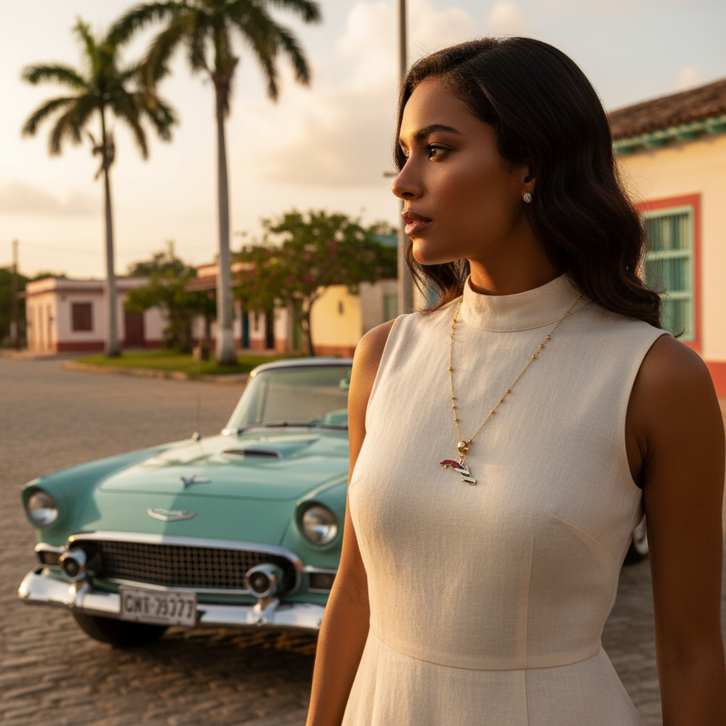 Woman in a white dress standing in front of a vintage car with palm trees and a building in the background wearing the Cuba Libre Necklace.