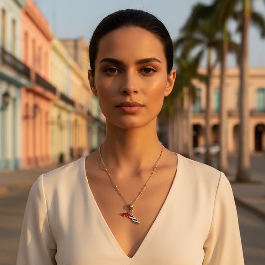 Woman wearing the Cuba Libre Necklace 
 in an urban setting