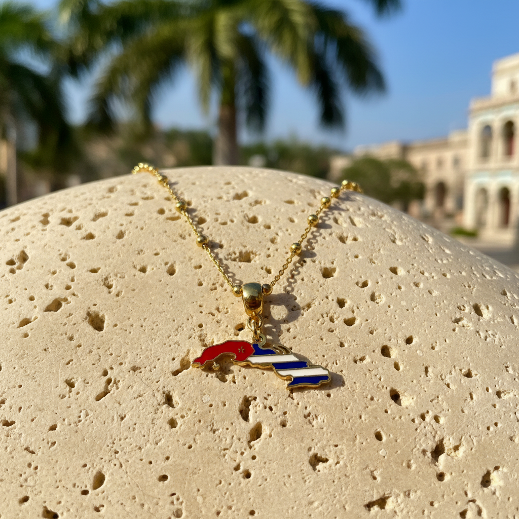 Necklace with a colorful pendant on a textured Cuba Libre necklace Cuban heritage jewelry Havana architecture. 
