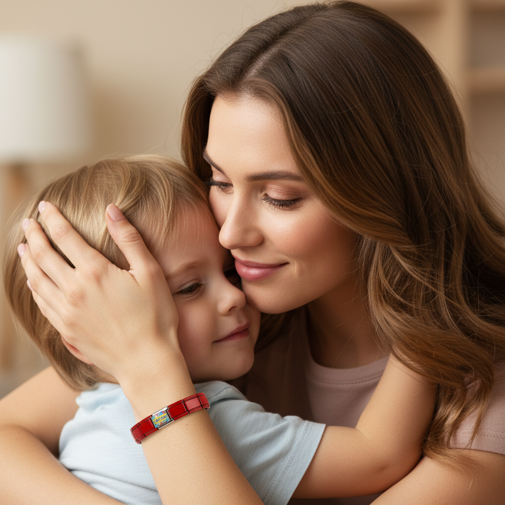 Mother embracing child indoors while wearing red autism awareness charm bracelet on wrist
