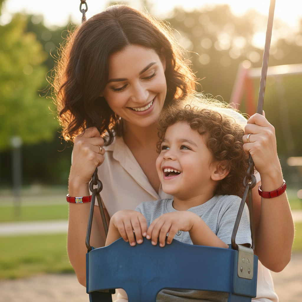 Mother and child smiling on playground swing, mother wearing red Italian autism awareness bracelet
