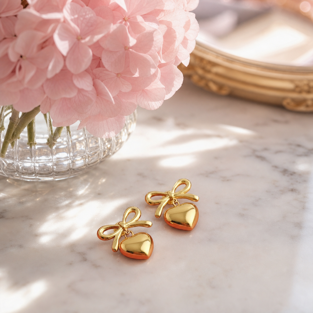 The Cupid's Knot Earrings - Gold on marble vanity 