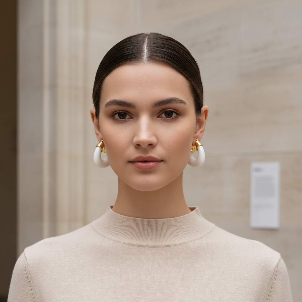 Woman wearing the Deco White Hoops gold earrings with white stones against a neutral background