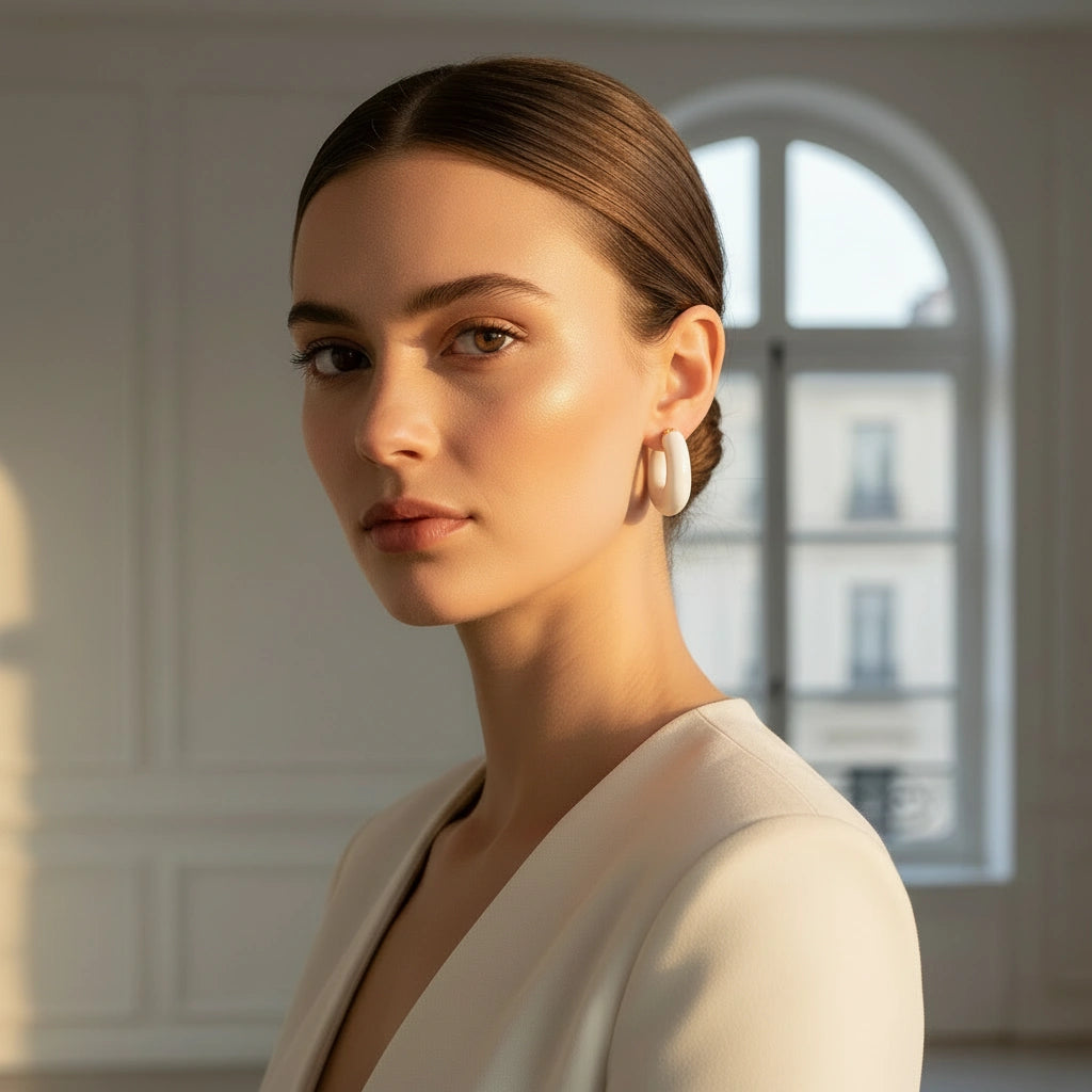 Woman wearing the Deco White Hoops - Chica Chica Jewelry  earrings in a softly lit room with a window in the background