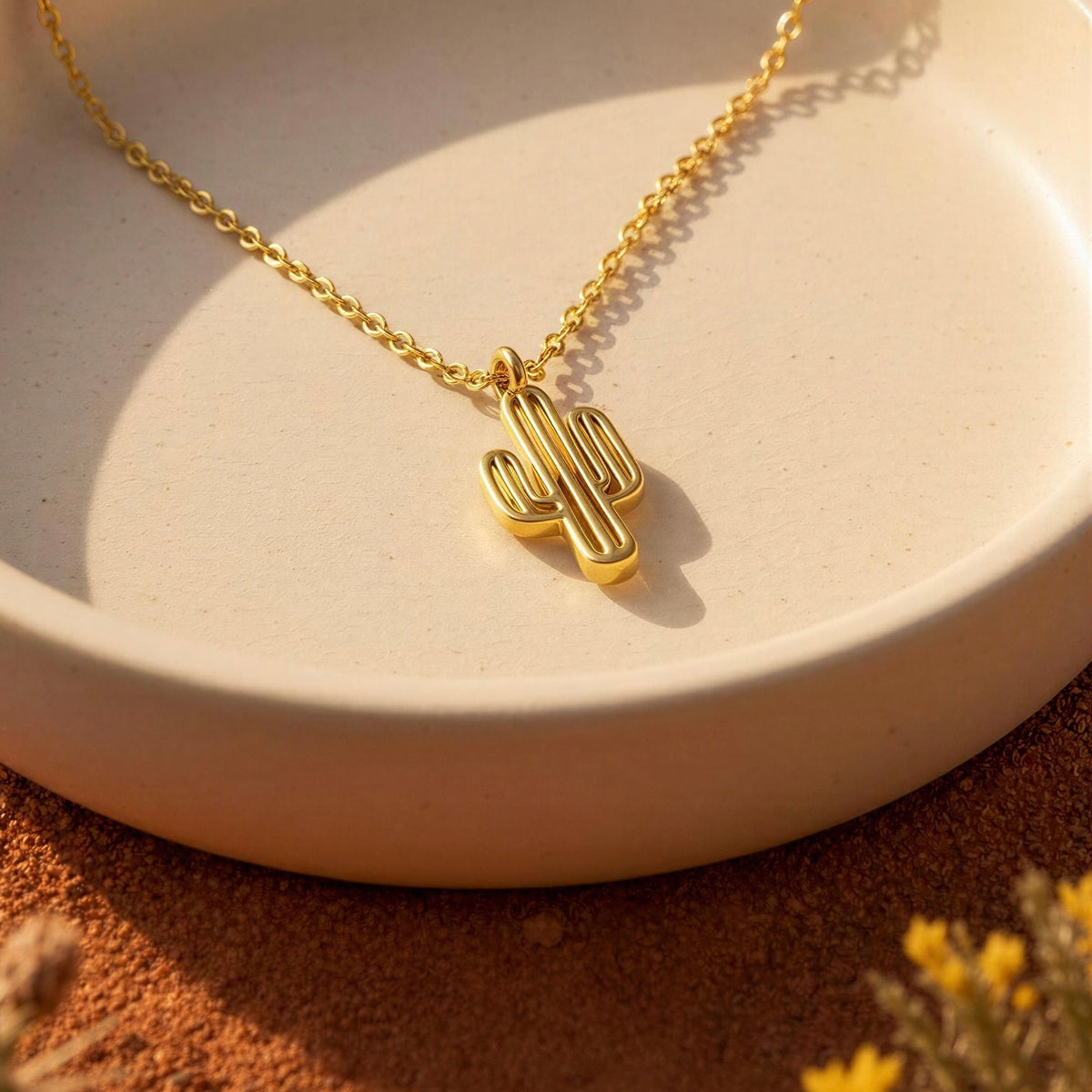 The Desert Bloom Cactus Necklace from Chica Chica Jewelry. A gold cactus pendant necklace resting on a beige ceramic dish over a textured brown surface with small dried flowers in the foreground.
