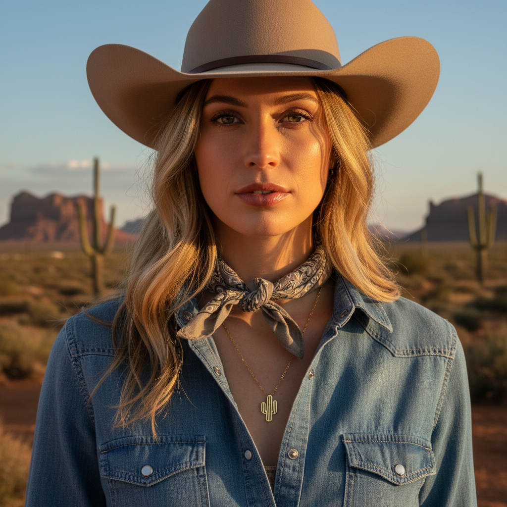 Woman wearing a cowboy hat and denim shirt in a desert setting and a Chica Chica Jewelry necklace