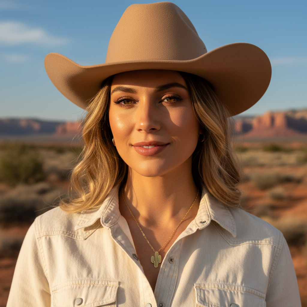 Woman wearing a beige cowboy hat and light-colored shirt in a desert landscape and a Chica Chica Jewerly Necklace
