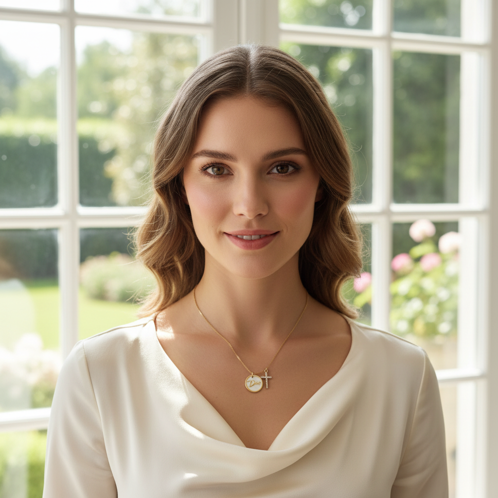 Woman wearing a necklace with a cross pendant in front of a window with a garden view