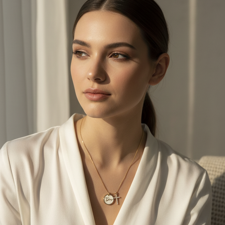 Woman wearing a necklace with a pendant in a softly lit room