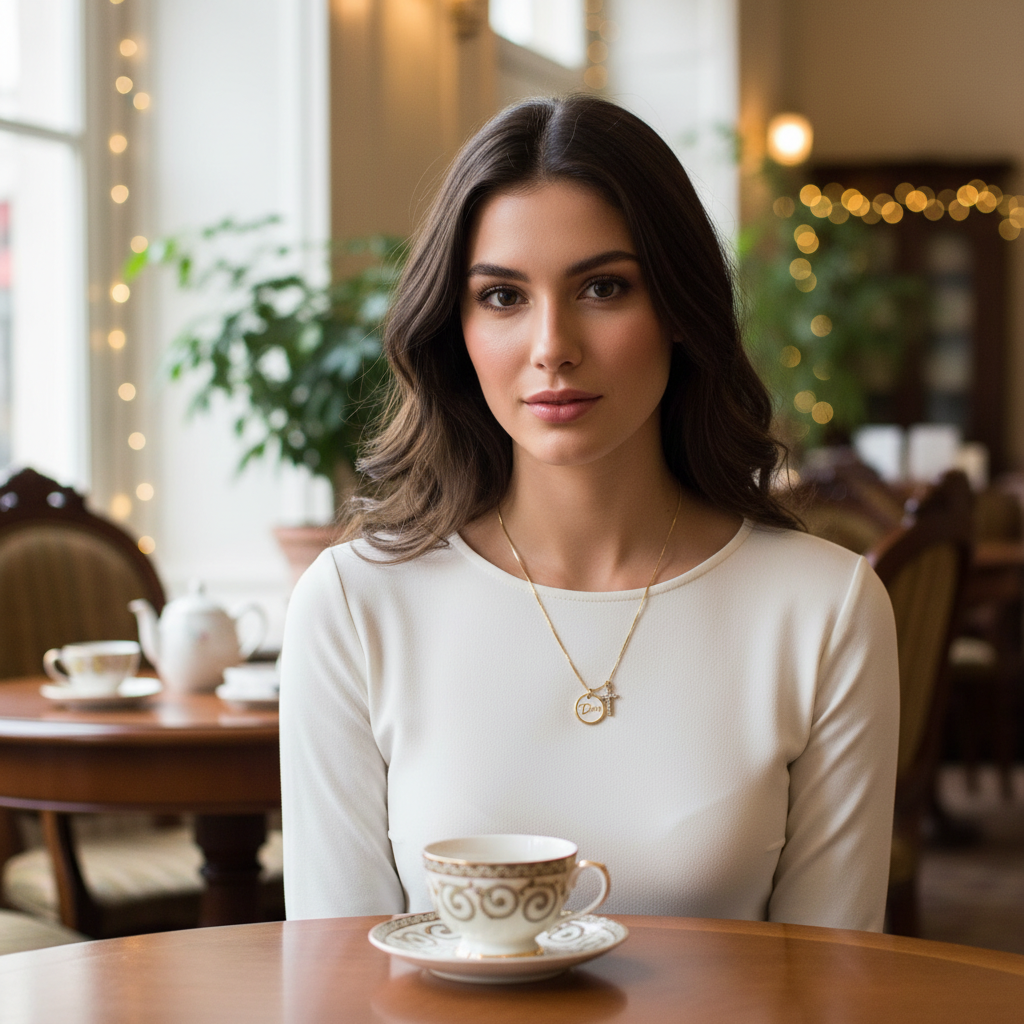 Woman sitting at a table with a cup of tea in a cozy indoor setting