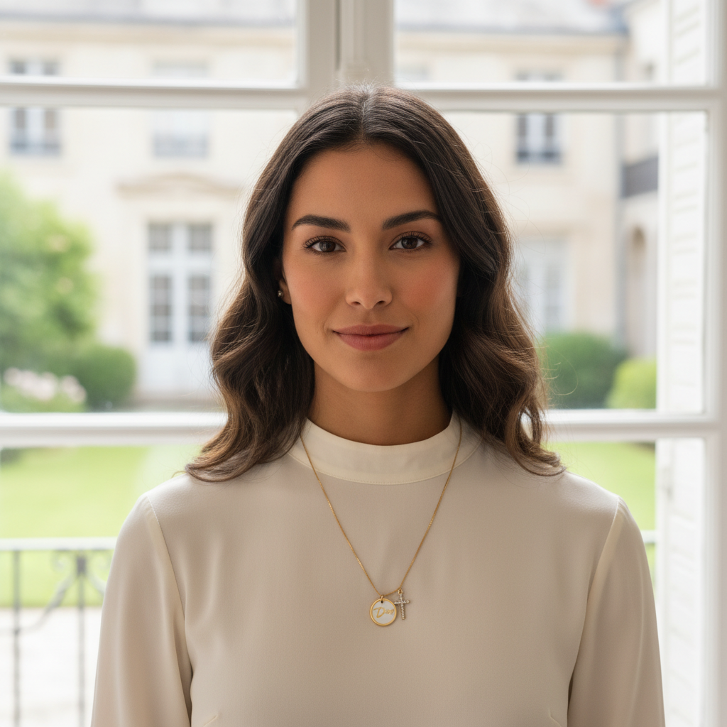Woman wearing a beige sweater and gold necklace in front of a window with a blurred building and greenery background